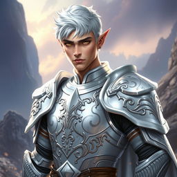 A striking male elf paladin with short white hair in a masculine haircut, wearing gleaming white armor adorned with intricate designs