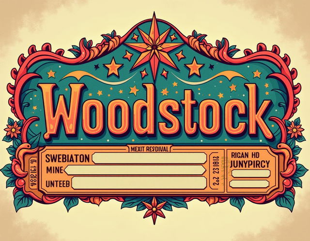 A beautifully designed vintage concert ticket for 'Woodstock', featuring intricate details and an aged, classic look