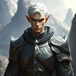 A striking male elf paladin with short white hair in a masculine haircut, donning sleek gray armor adorned with intricate patterns