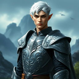 A striking male elf paladin with short white hair in a masculine haircut, donning sleek gray armor adorned with intricate patterns