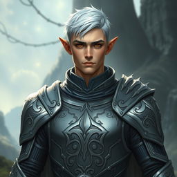 A striking male elf paladin with short white hair in a masculine haircut, donning sleek gray armor adorned with intricate patterns