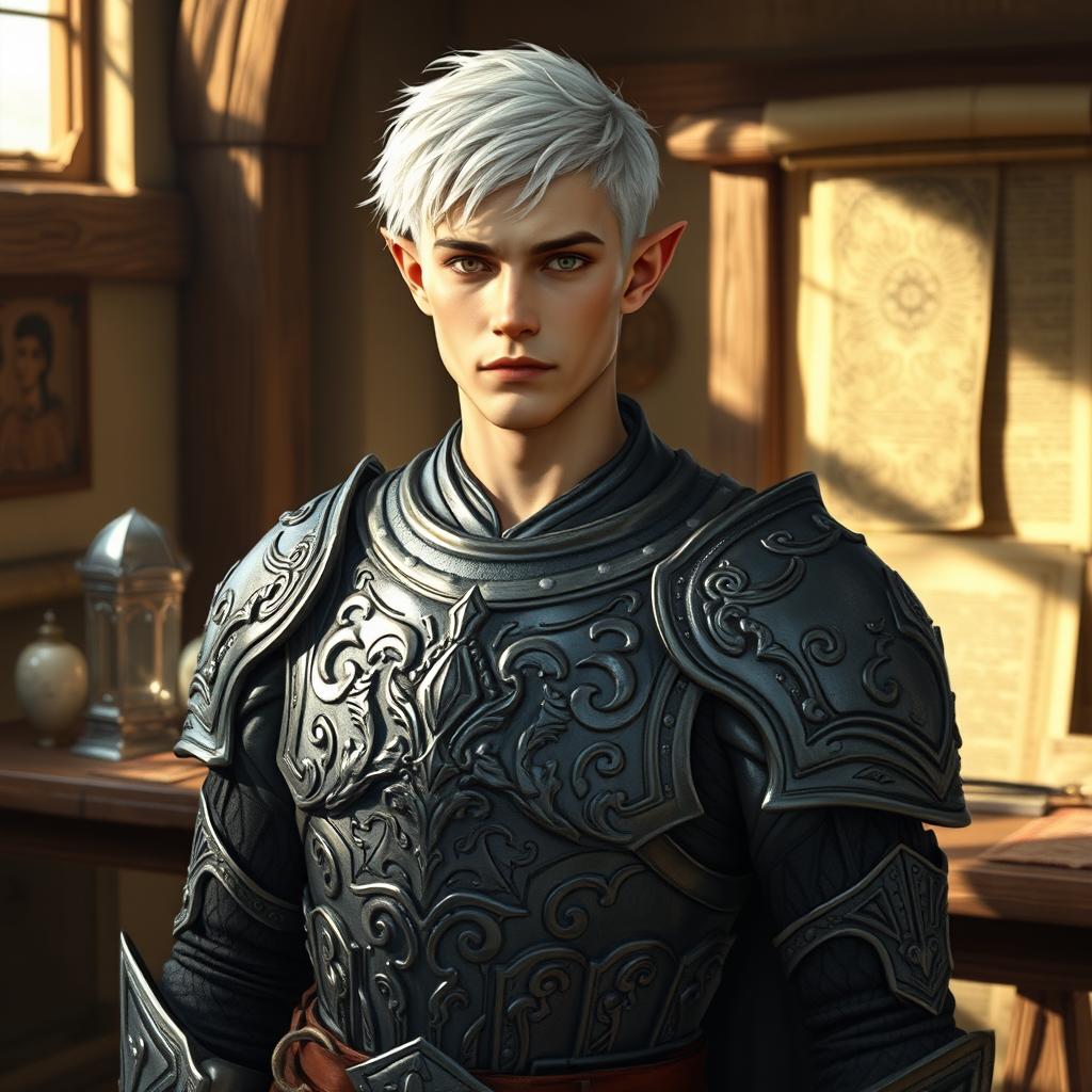 A male elf paladin with short white hair styled in a masculine haircut, wearing intricately designed gray armor