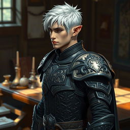 A male elf paladin with short white hair styled in a masculine haircut, wearing intricately designed gray armor