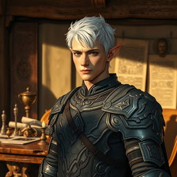 A male elf paladin with short white hair styled in a masculine haircut, wearing intricately designed gray armor