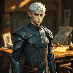 A male elf paladin with short white hair styled in a masculine haircut, wearing intricately designed gray armor