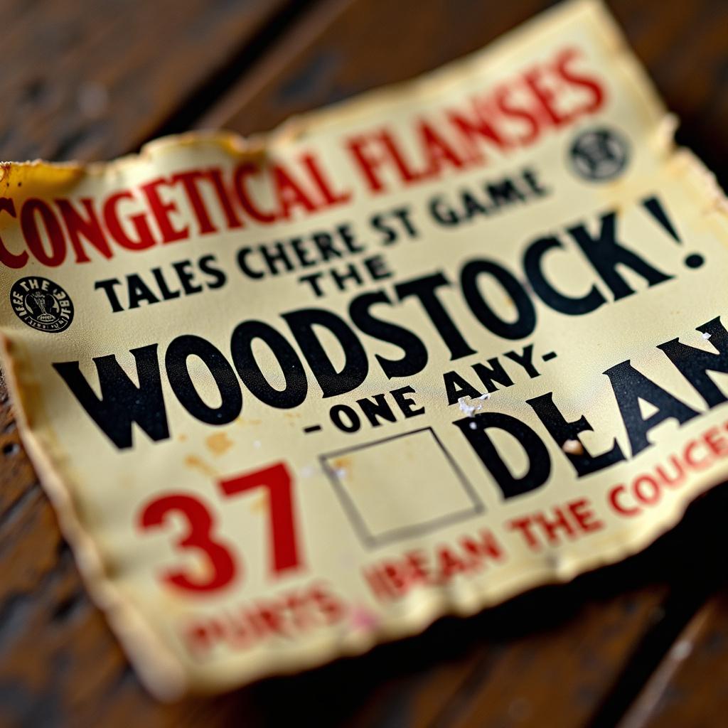 Close-up photograph of a beautifully vintage, aged concert ticket for Woodstock, showcasing authentic details and textures that capture the essence of a cherished memento