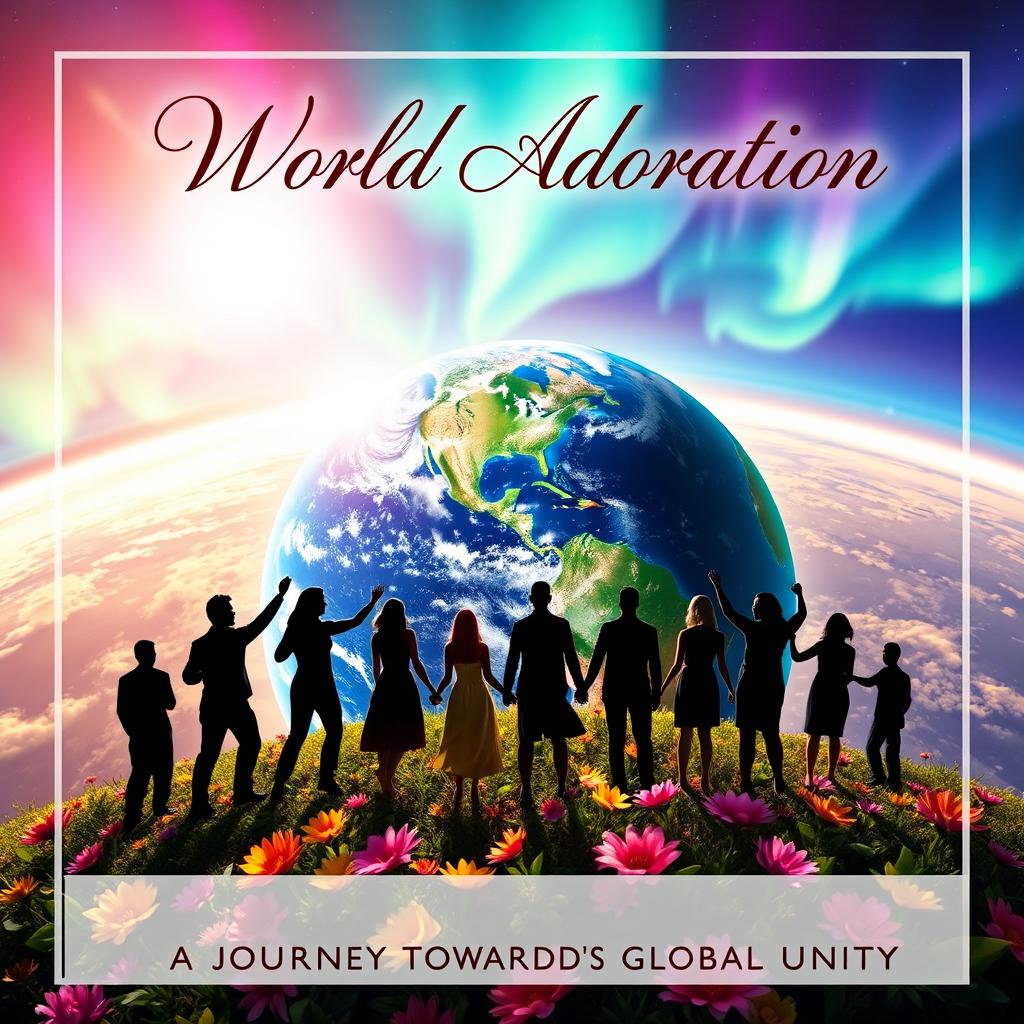 A captivating novel cover for 'World Adoration' featuring a panoramic view of Earth from space, enveloped in a radiant halo symbolizing unity and harmony