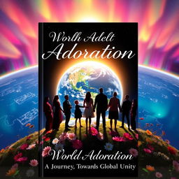 A captivating novel cover for 'World Adoration' featuring a panoramic view of Earth from space, enveloped in a radiant halo symbolizing unity and harmony