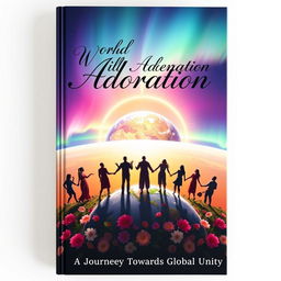 A captivating novel cover for 'World Adoration' featuring a panoramic view of Earth from space, enveloped in a radiant halo symbolizing unity and harmony