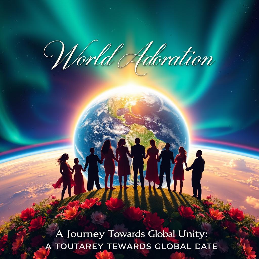 A captivating novel cover for 'World Adoration' featuring a panoramic view of Earth from space, enveloped in a radiant halo symbolizing unity and harmony