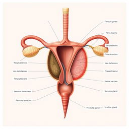 Detailed anatomical illustration of the male reproductive system showcasing both internal and external parts, including penis, testicles, epididymis, vas deferens, seminal vesicles, prostate gland, and urethra