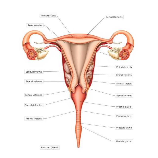 Detailed anatomical illustration of the male reproductive system showcasing both internal and external parts, including penis, testicles, epididymis, vas deferens, seminal vesicles, prostate gland, and urethra