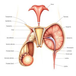 Detailed anatomical illustration of the male reproductive system showcasing both internal and external parts, including penis, testicles, epididymis, vas deferens, seminal vesicles, prostate gland, and urethra