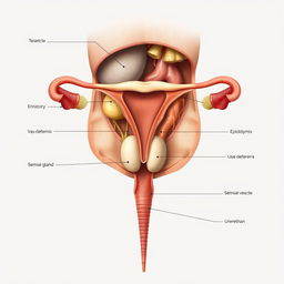 Detailed anatomical illustration of the male reproductive system showcasing both internal and external parts, including penis, testicles, epididymis, vas deferens, seminal vesicles, prostate gland, and urethra