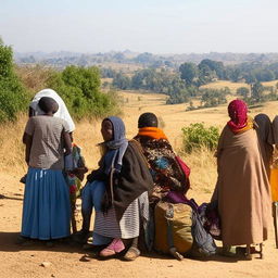 A group of Ethiopian people waiting at a bus stop, set against the backdrop of a rural Ethiopian landscape.