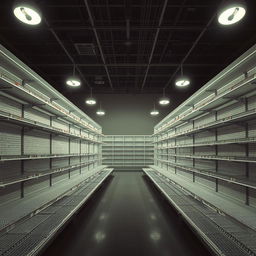 A striking, realistic scene of empty retail shelves reminiscent of the COVID-19 era when shelves were often barren