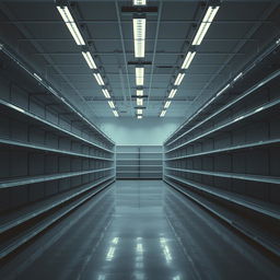 A striking, realistic scene of empty retail shelves reminiscent of the COVID-19 era when shelves were often barren