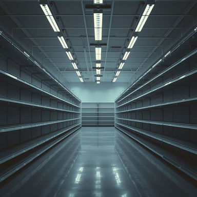 A striking, realistic scene of empty retail shelves reminiscent of the COVID-19 era when shelves were often barren