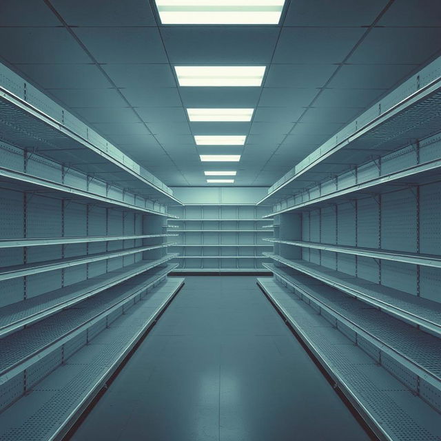 A striking, realistic scene of empty retail shelves reminiscent of the COVID-19 era when shelves were often barren