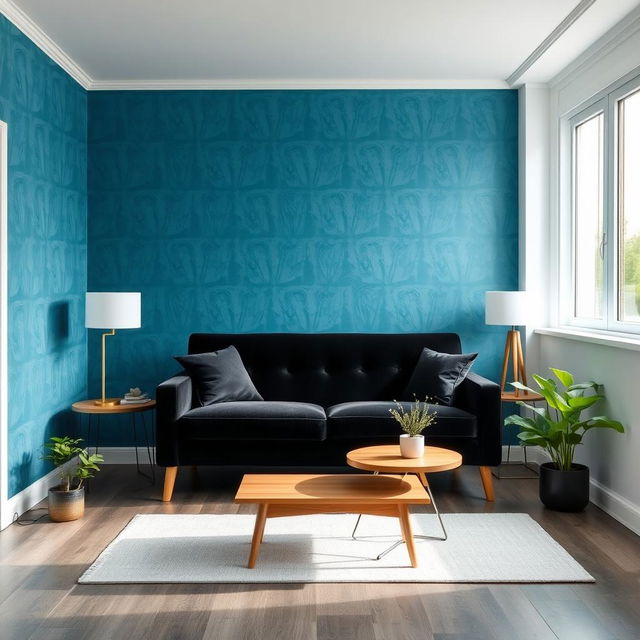 A small living room with a stylish wallpaper design