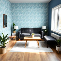 A small living room with a stylish wallpaper design