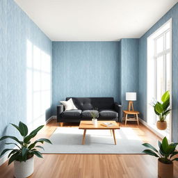 A small living room with a stylish wallpaper design