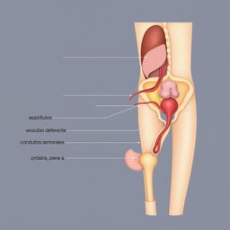 Una ilustración anatómica detallada del aparato reproductor masculino, mostrando todas sus partes internas y externas