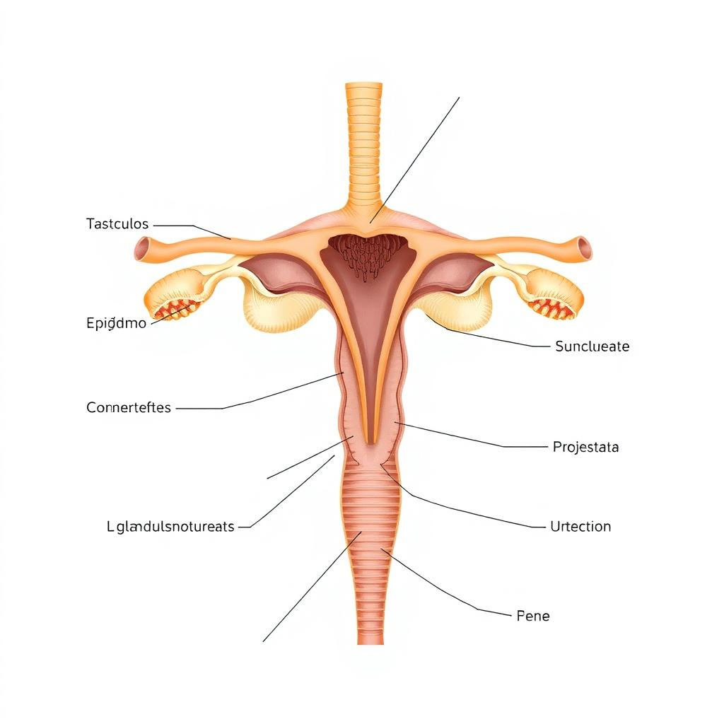 Una ilustración anatómica detallada del aparato reproductor masculino, mostrando todas sus partes internas y externas