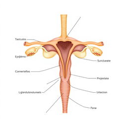 Una ilustración anatómica detallada del aparato reproductor masculino, mostrando todas sus partes internas y externas