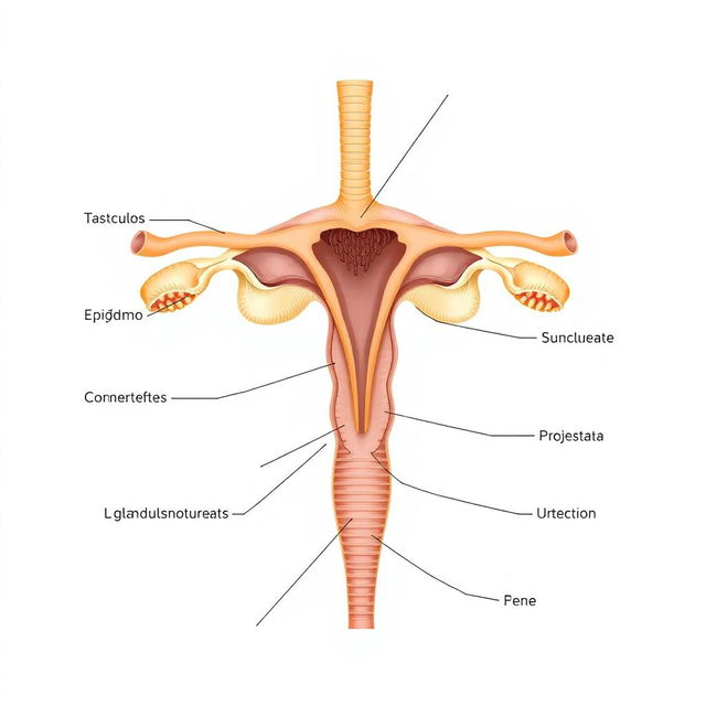 Una ilustración anatómica detallada del aparato reproductor masculino, mostrando todas sus partes internas y externas