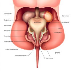 Una ilustración anatómica detallada del aparato reproductor masculino, mostrando todas sus partes internas y externas