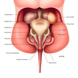 Una ilustración anatómica detallada del aparato reproductor masculino, mostrando todas sus partes internas y externas