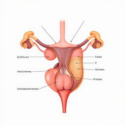 Una ilustración anatómica detallada del aparato reproductor masculino, mostrando todas sus partes internas y externas