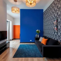 A small living room with a sophisticated design, featuring a black sofa placed against a vibrant royal blue wall