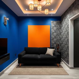 A small living room with a sophisticated design, featuring a black sofa placed against a vibrant royal blue wall