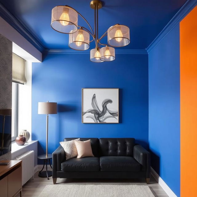 A small living room with a sophisticated design, featuring a black sofa placed against a vibrant royal blue wall