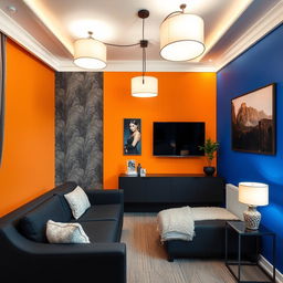 A small living room with a sophisticated design, featuring a black sofa placed against a vibrant royal blue wall