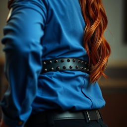 An extreme close-up of a sexy redhead police officer with a round booty, clad in a blue shirt that subtly reveals the top of her ass crack