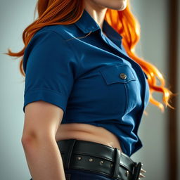 An extreme close-up of a sexy redhead police officer with a round booty, clad in a blue shirt that subtly reveals the top of her ass crack