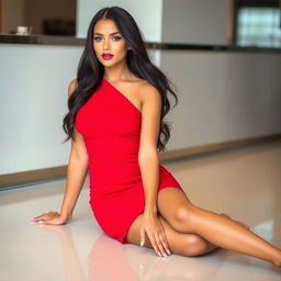 A stunning woman with long, flowing black hair, wearing a vibrant red mini dress, sitting elegantly on the floor