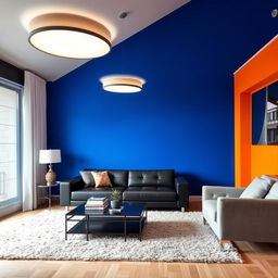 A stylish living room featuring a Royal Blue accent wall as the focal point with a sleek black sofa placed against it