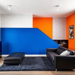 A stylish living room featuring a Royal Blue accent wall as the focal point with a sleek black sofa placed against it