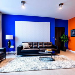 A stylish living room featuring a Royal Blue accent wall as the focal point with a sleek black sofa placed against it