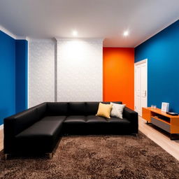 A stylish living room featuring a Royal Blue accent wall as the focal point with a sleek black sofa placed against it