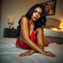 A seductive woman with black hair and olive skin is lounging on a bedroom floor