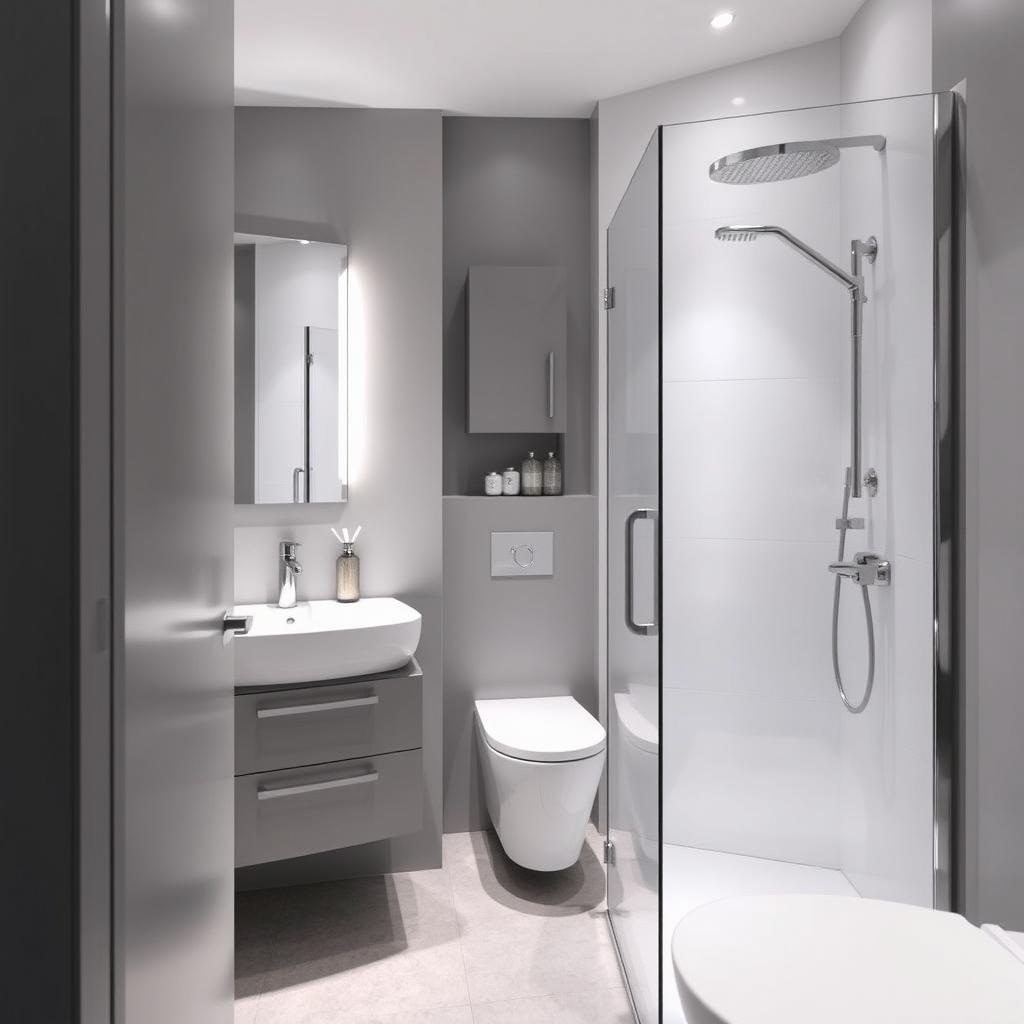 A small contemporary bathroom featuring sleek, minimalistic design elements