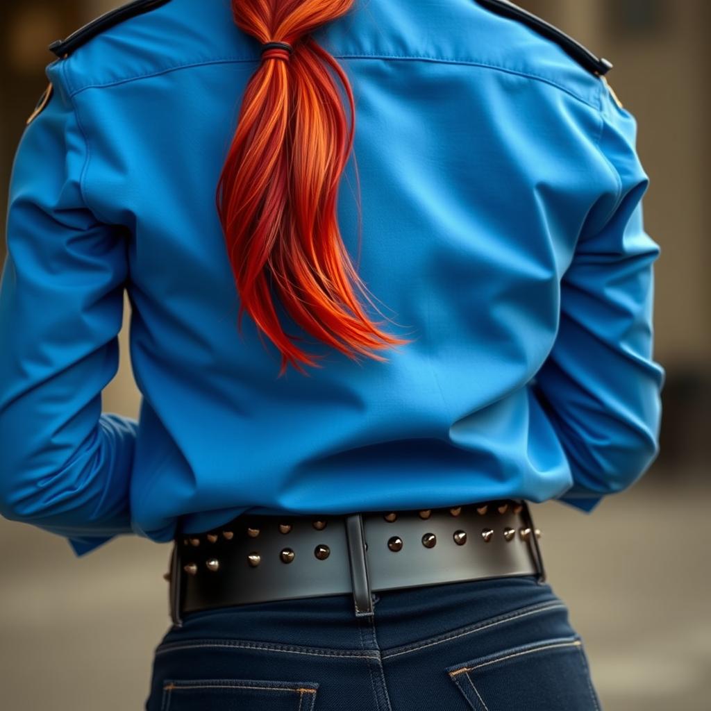 A close-up of a redhead with a round booty, wearing a blue police shirt that subtly reveals her ass crack