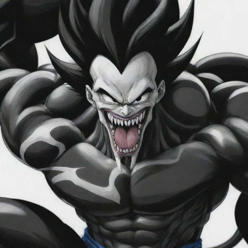 Goku from Dragon Ball Z blended with Marvel's Venom in a classic Manga style.