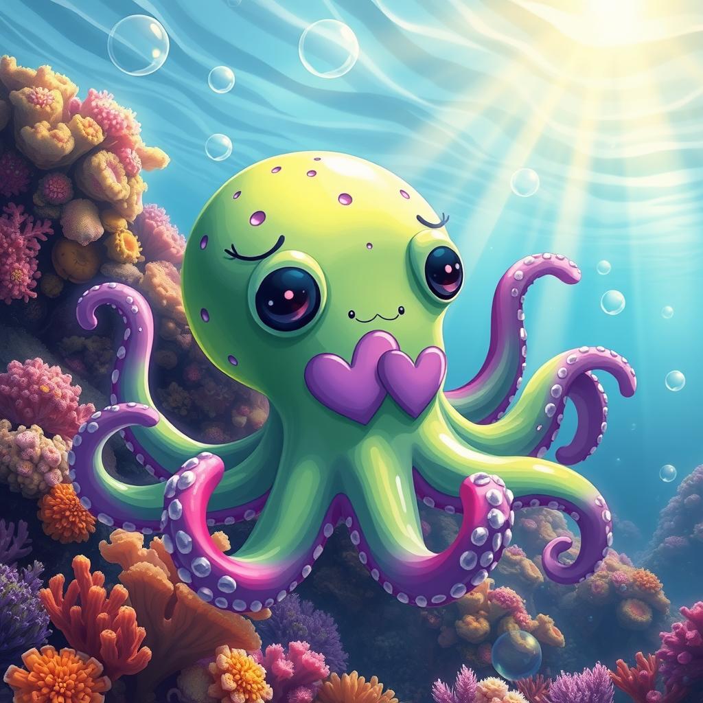 A vibrant and whimsical octopus with three purple hearts visible on its body, set against an underwater scene full of colorful corals and bubbles, where the sunlight filters through the water creating a serene and magical atmosphere