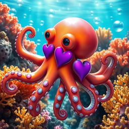 A vibrant and whimsical octopus with three purple hearts visible on its body, set against an underwater scene full of colorful corals and bubbles, where the sunlight filters through the water creating a serene and magical atmosphere